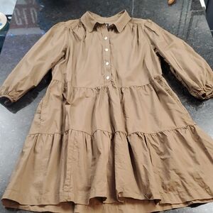 GAP Olive Green/DarkTan Button-Up Dress With Ruffled Skirt And Sleeves